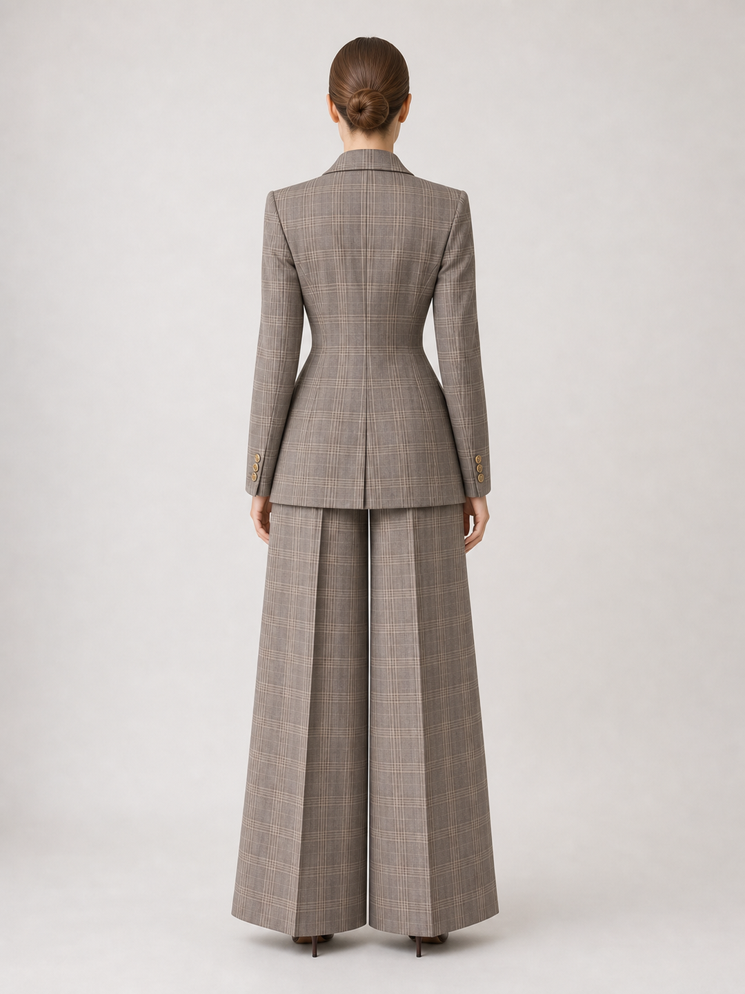 Vivienne Gray-Plaid Wide-Leg Suit Set – back view