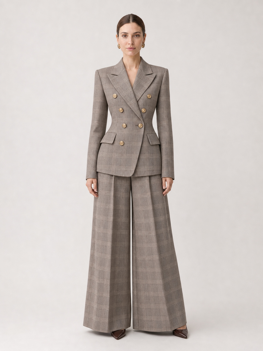 Vivienne Gray-Plaid Wide-Leg Suit Set – front view