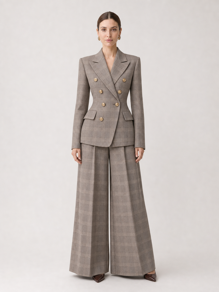 Vivienne Gray-Plaid Wide-Leg Suit Set – front view