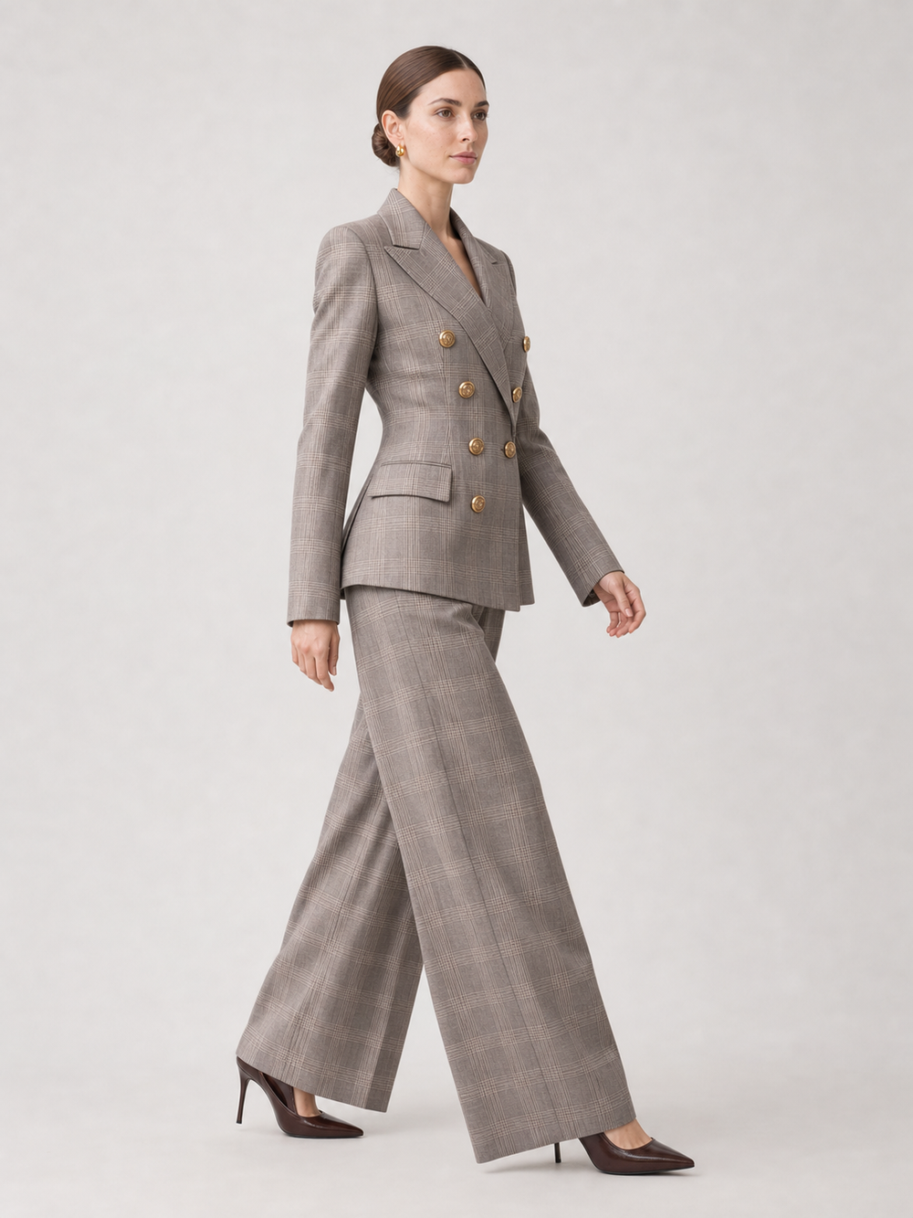 Vivienne Gray-Plaid Wide-Leg Suit Set – side view
